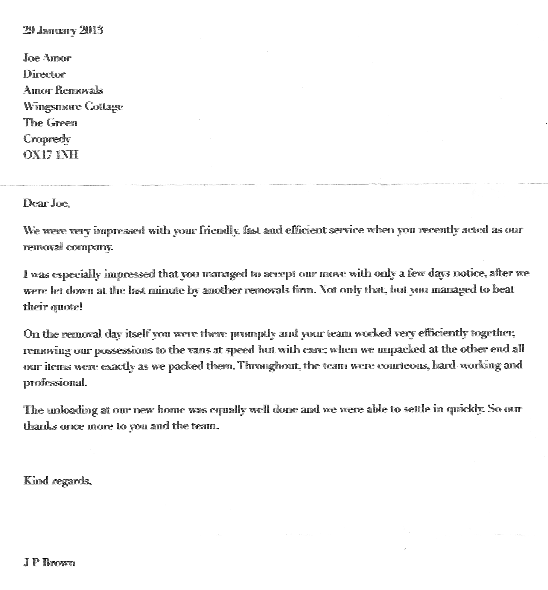 Reference letter from Mr Brown