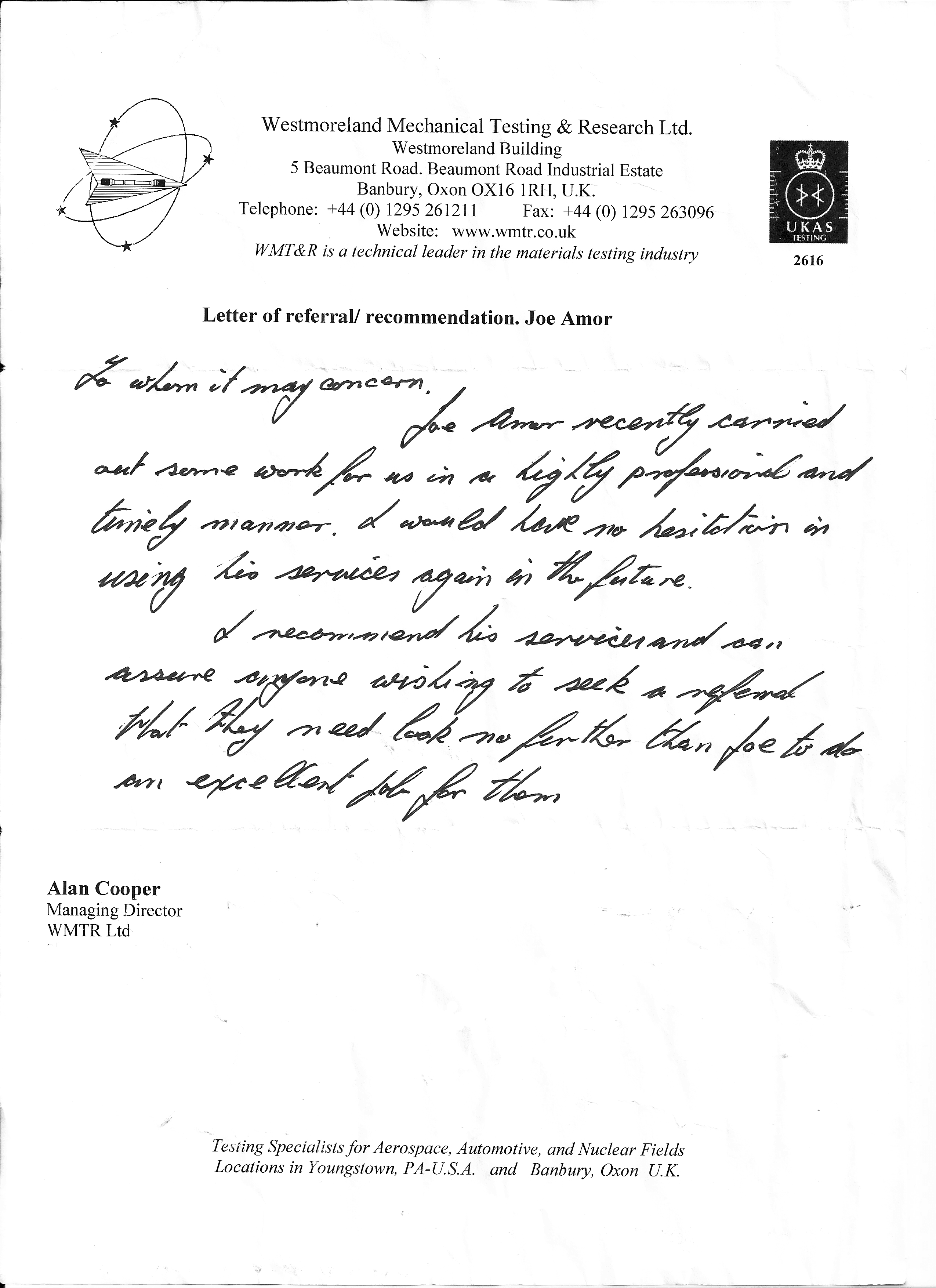 Reference letter from Mr Cooper