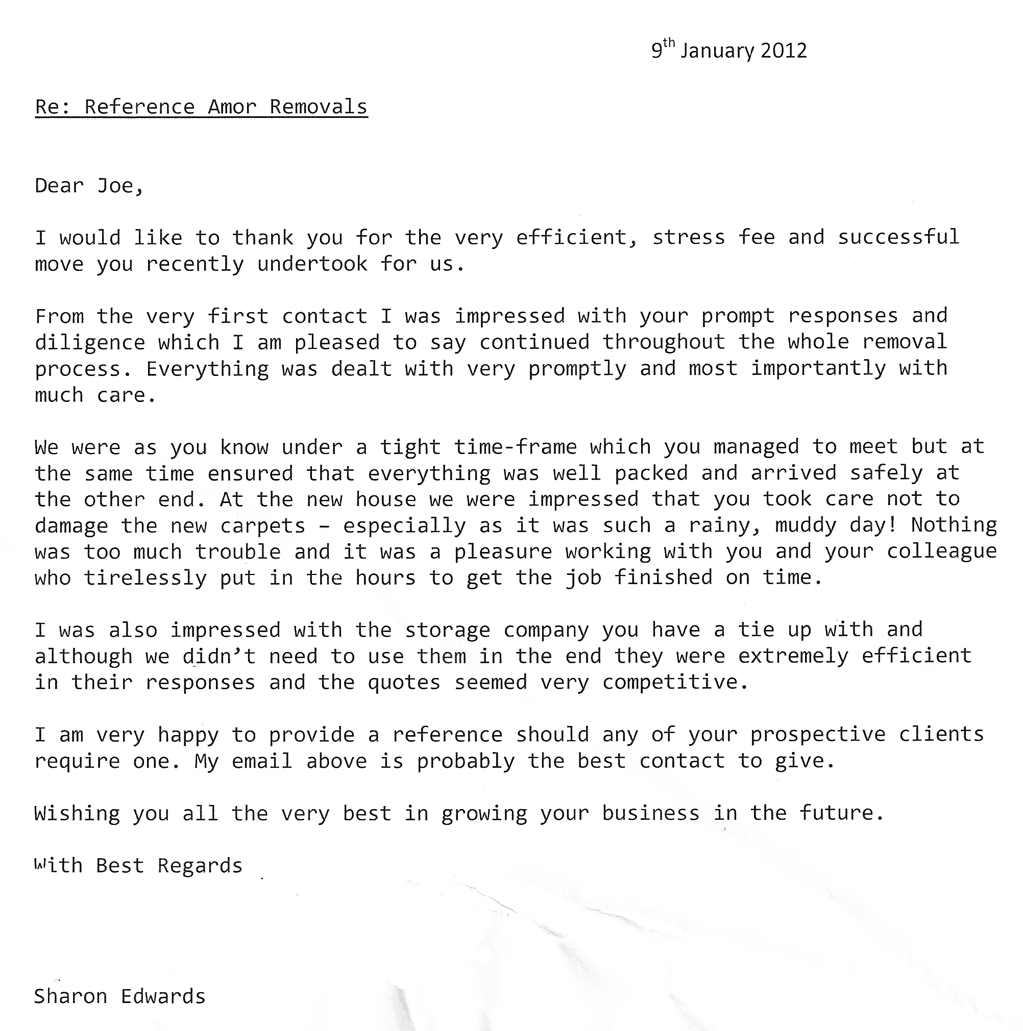 Reference letter from Ms Edwards