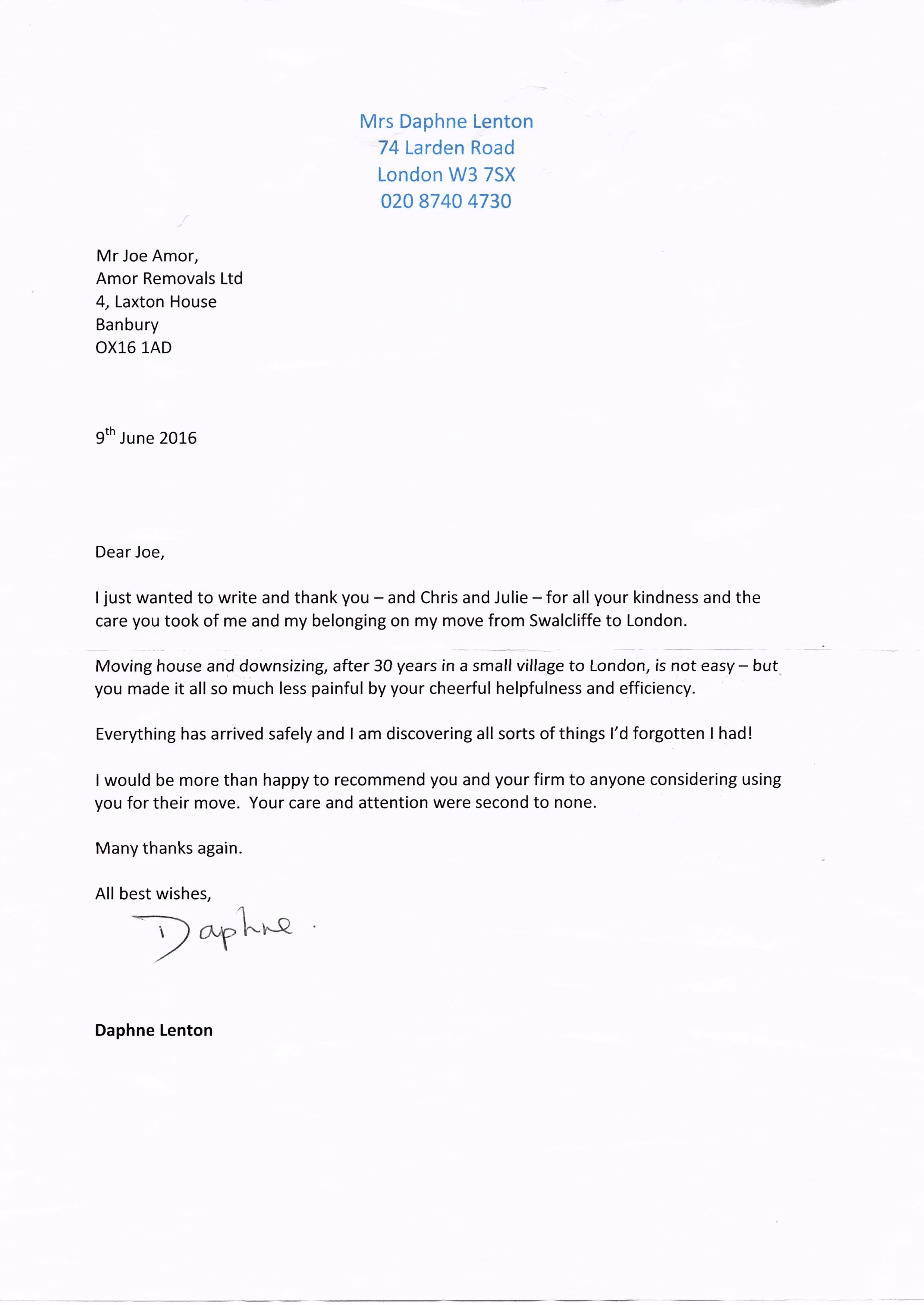 Reference letter from Mrs Lenton