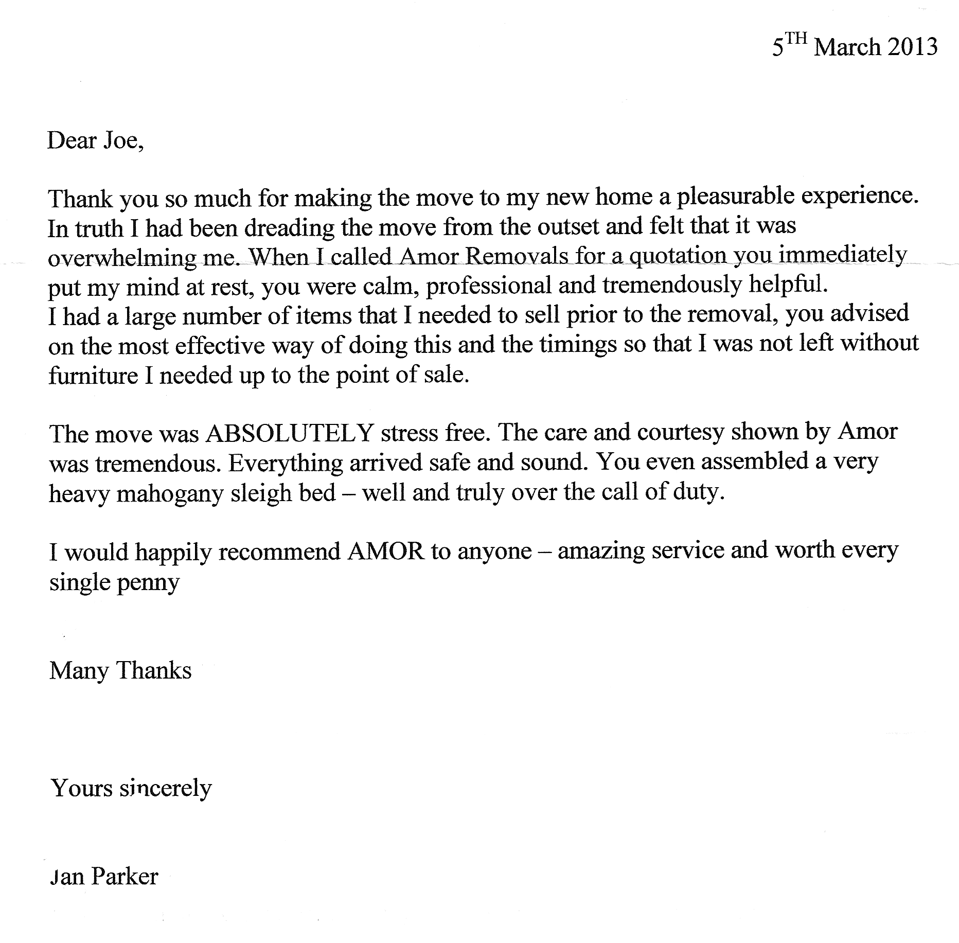 Reference letter from Ms Parker